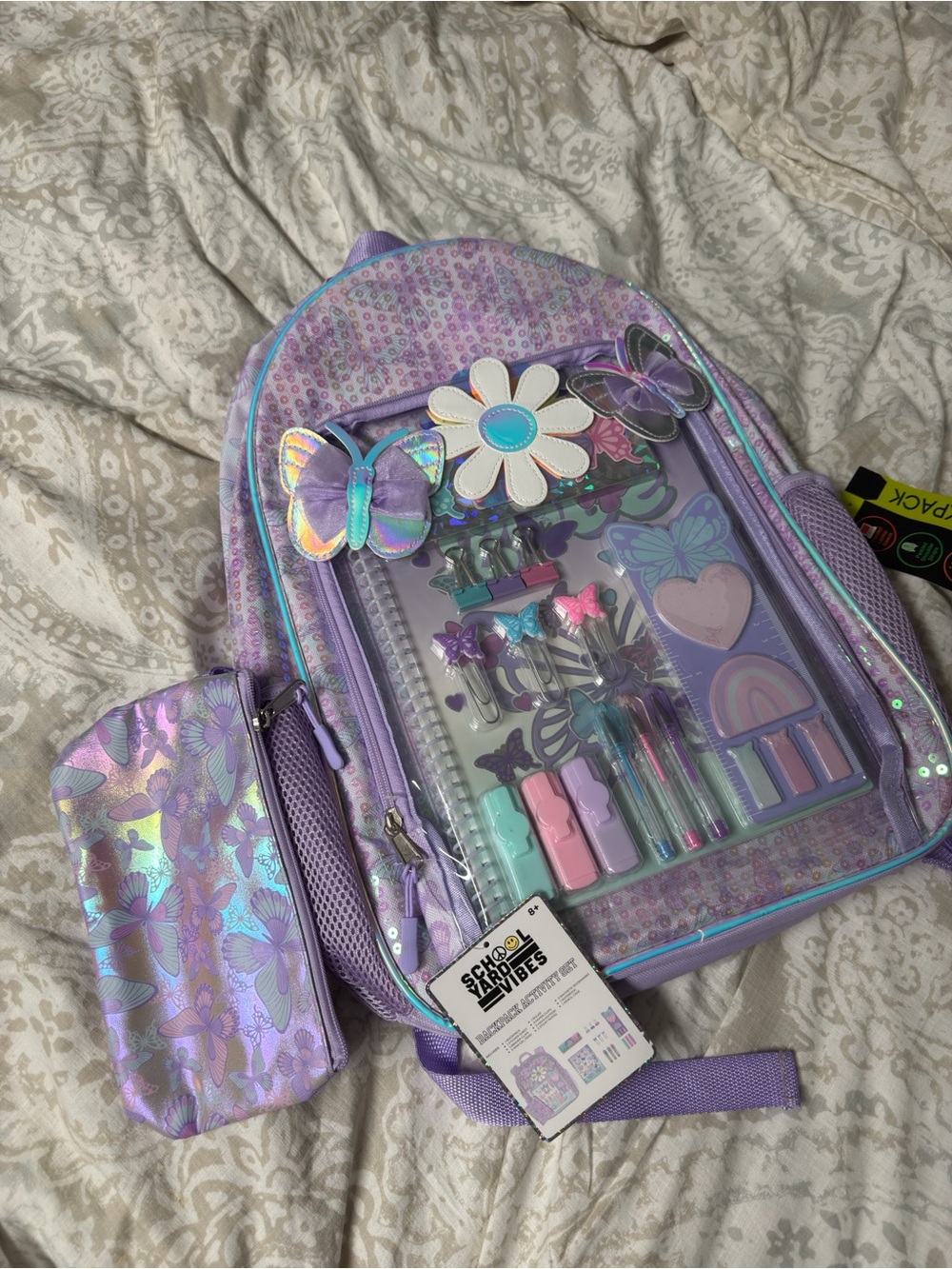 Purple Butterfly & Daisy Kids Backpack with Matching Stationery Set